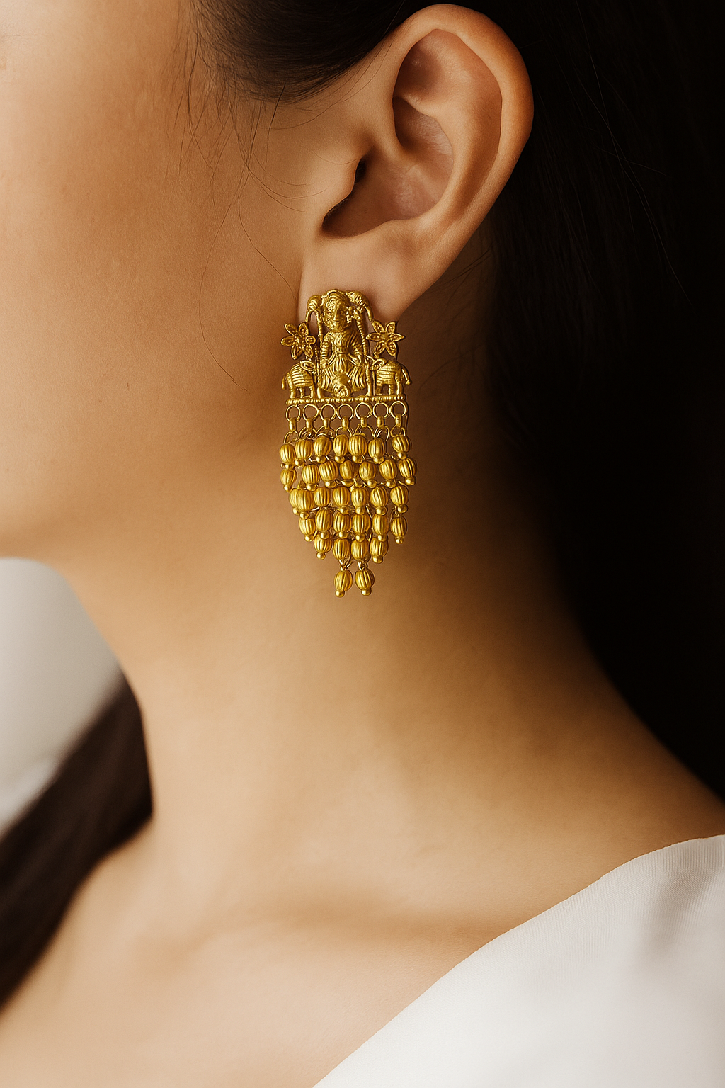 Antique Temple Elephant Motif Earrings with Golden Beads